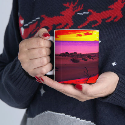 "Forgotten Solace: The Splendor of a Vibrant Sunset at a Abandoned Beach" - The Alien Ceramic Mug 11 oz