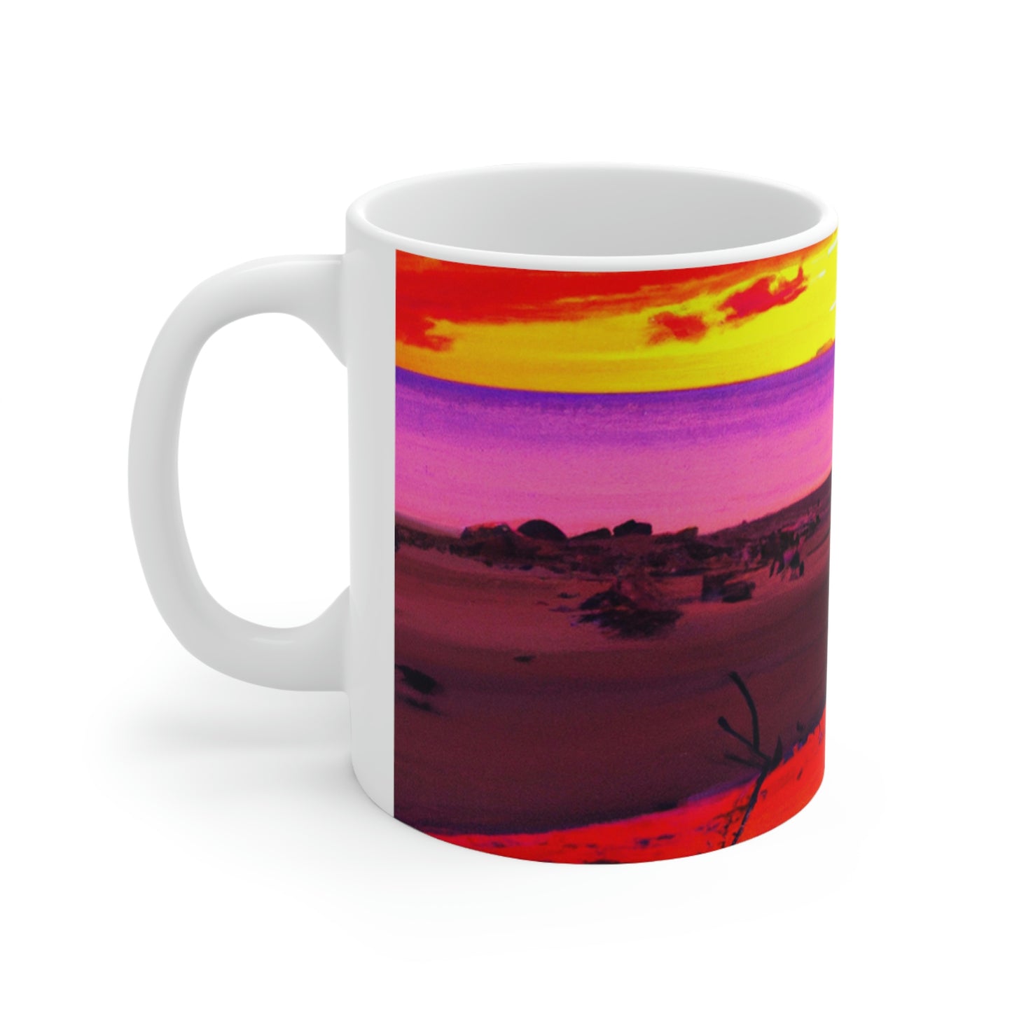 "Forgotten Solace: The Splendor of a Vibrant Sunset at a Abandoned Beach" - The Alien Ceramic Mug 11 oz