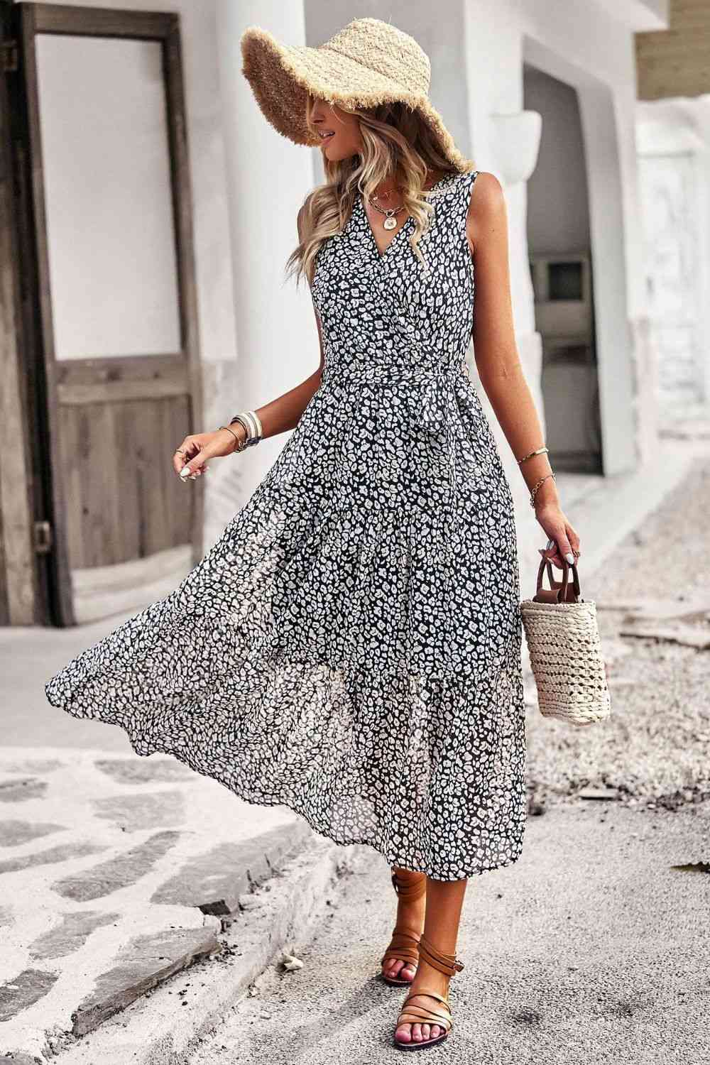 Floral Belted Surplice Sleeveless Tiered Dress