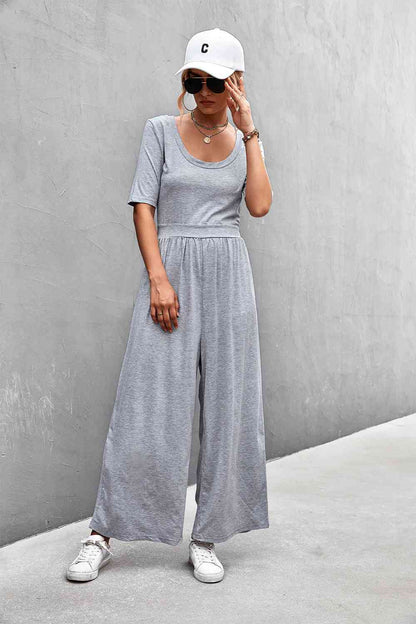 Scoop Neck Half Sleeve Wide Leg Jumpsuit