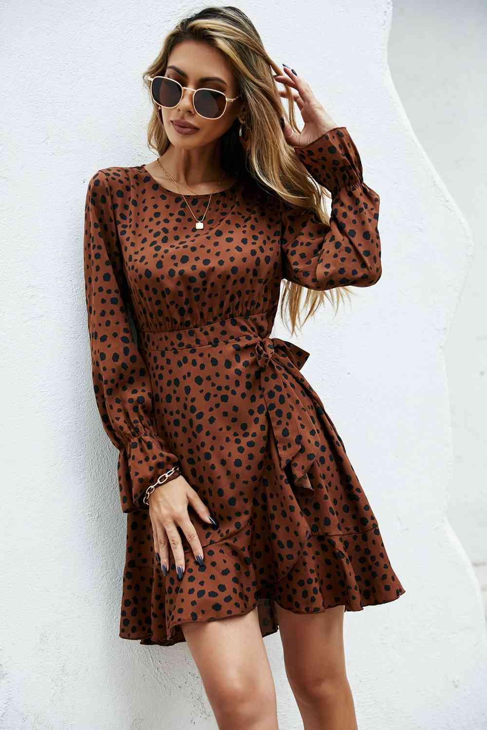 Round Neck Flounce Sleeve Tie Waist Mini Dress