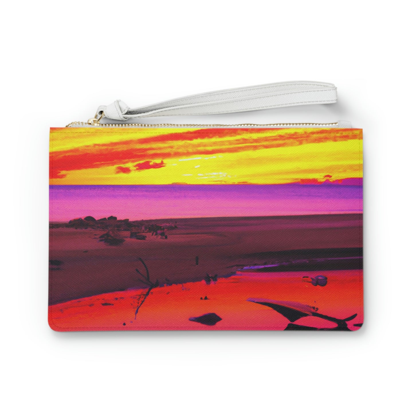 "Forgotten Solace: Die Pracht eines lebendigen Sonnenuntergangs an einem verlassenen Strand" - Die Alien Clutch Bag