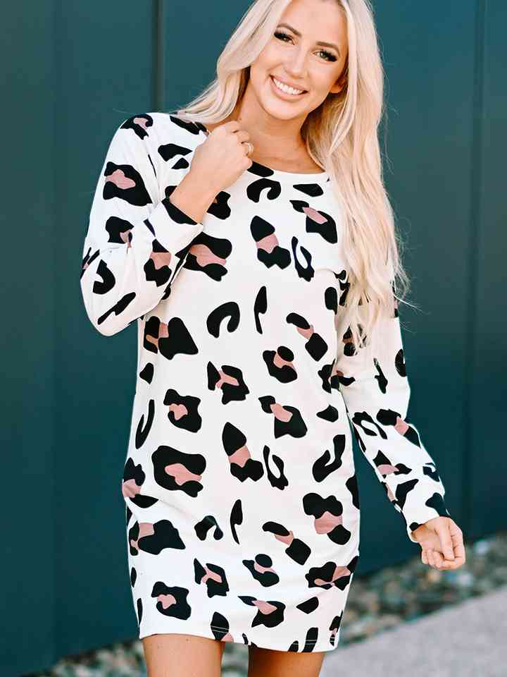 Round Neck Long Sleeve Leopard Dress