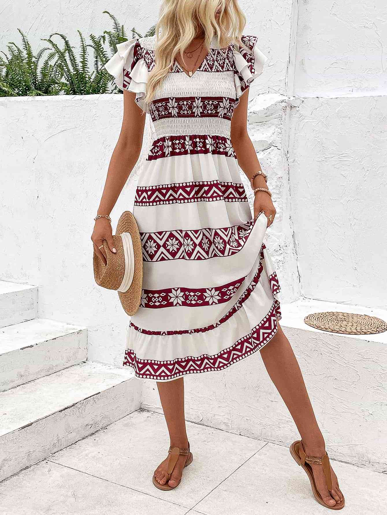 Printed V-Neck Smocked Flutter Sleeve Dress