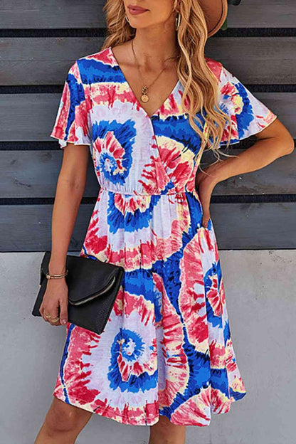 Printed Surplice Neck Knee Length Flutter Sleeve Dress