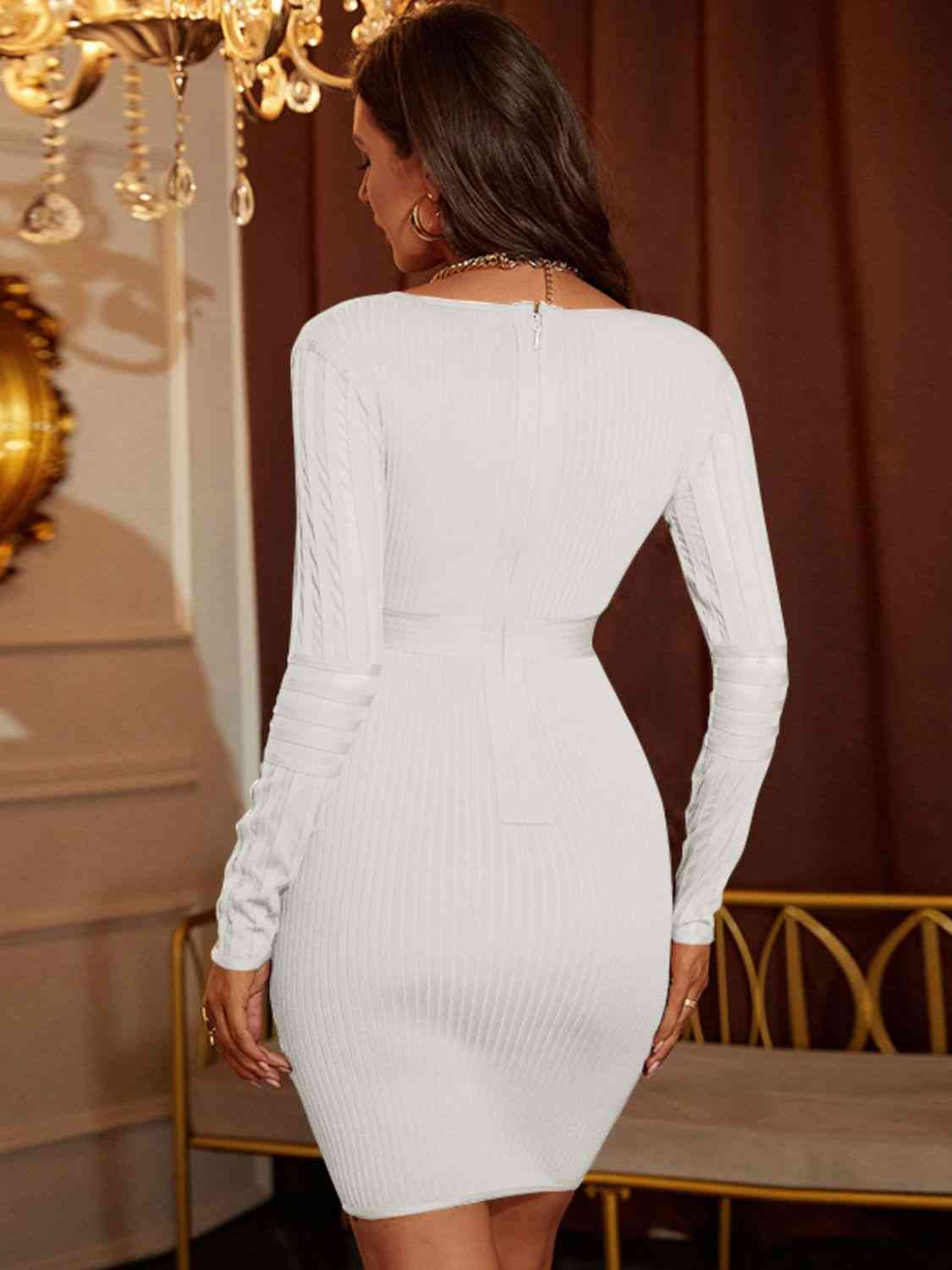 Ribbed Deep V Long Sleeve Mini  Dress