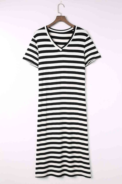 Striped V-Neck Short Sleeve Side Slit Dress