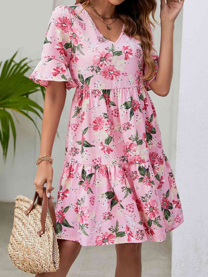 Printed V-Neck Knee-Length Dress