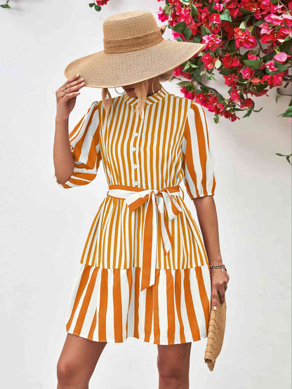 Striped Half Sleeve Tie Waist Mini Dress