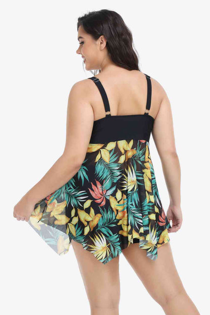 Traje de baño de dos piezas con dobladillo asimétrico floral de talla grande