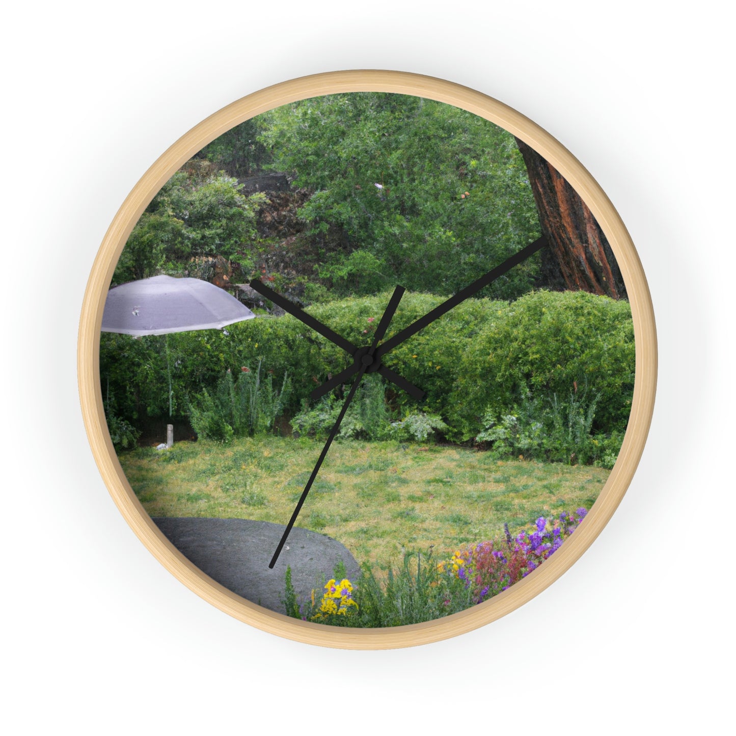 "Rainy Refuges: Uncovering the Fortune of a Garden Under an Umbrella" - The Alien Wall Clock