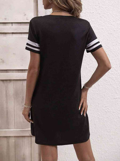 Striped Short Sleeve Decorative Button Dress