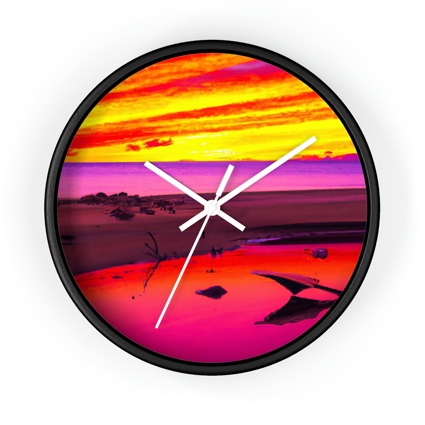 "Forgotten Solace: Die Pracht eines lebendigen Sonnenuntergangs an einem verlassenen Strand" - Die Alien-Wanduhr