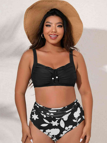 Plus Size Printed Gathered Detail Bikini Set