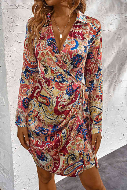 Printed Surplice Neck Long Sleeve Mini Dress