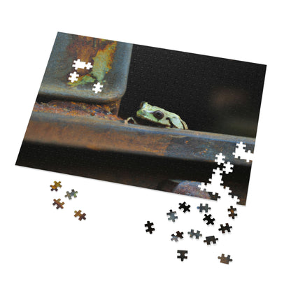 "A Tad Too Far: The Tale of a Train-Stuck Frog." - The Alien Jigsaw Puzzle