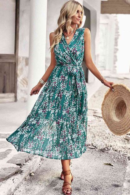 Floral Belted Surplice Sleeveless Tiered Dress