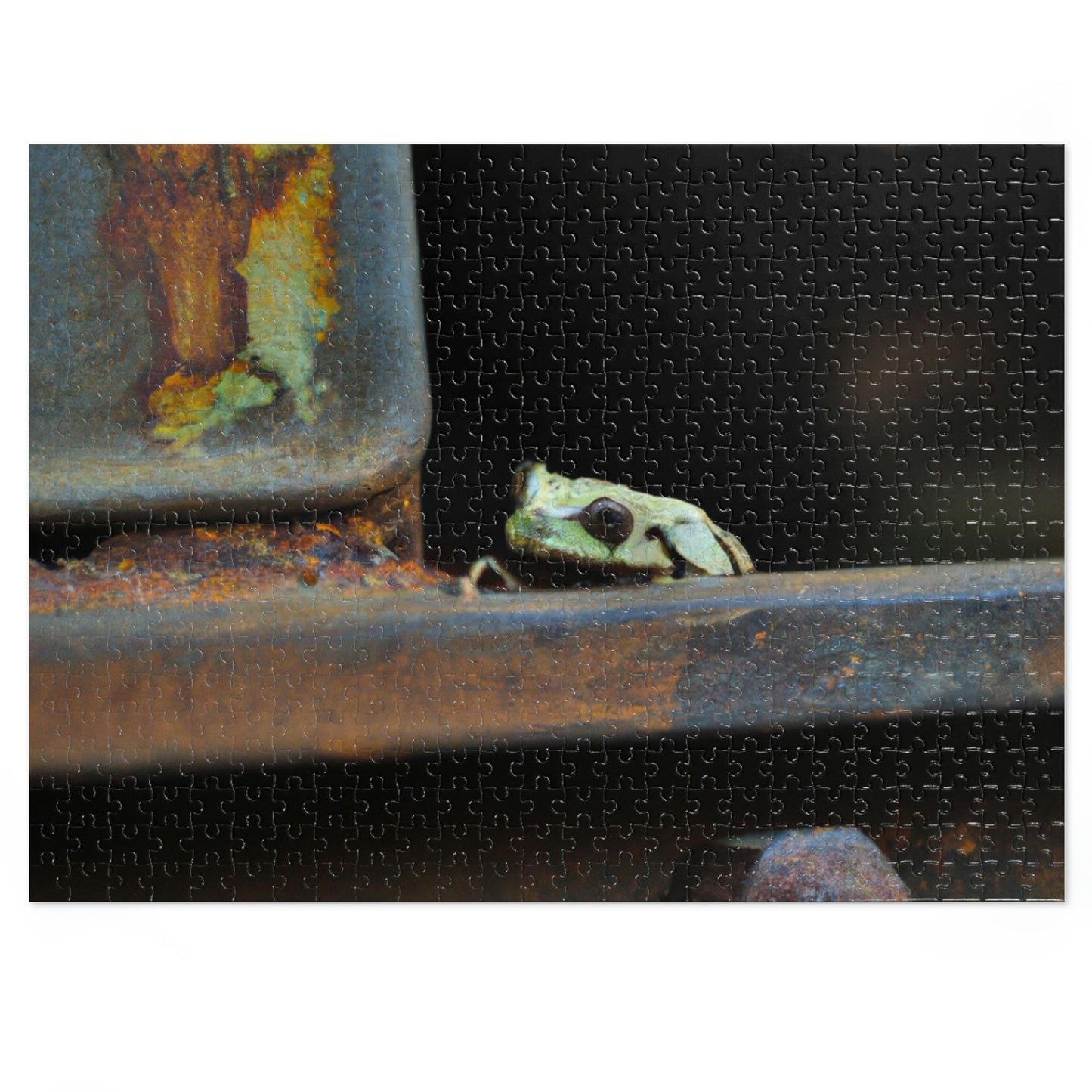 "A Tad Too Far: The Tale of a Train-Stuck Frog." - The Alien Jigsaw Puzzle