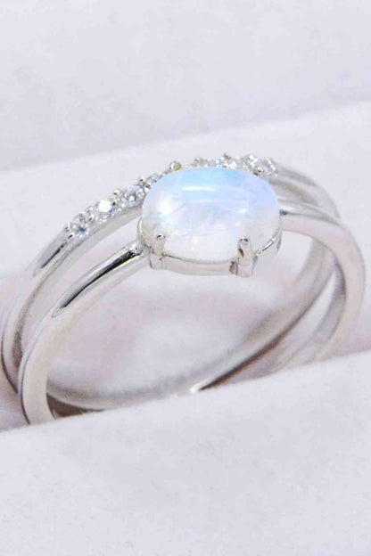 Anillo de doble capa con piedra lunar natural y circonitas