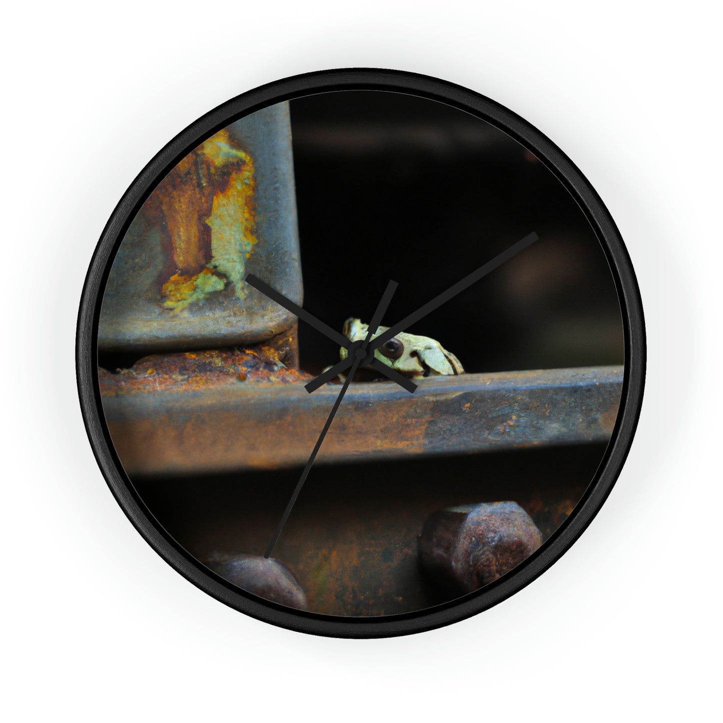 "A Tad Too Far: The Tale of a Train-Stuck Frog." - The Alien Wall Clock