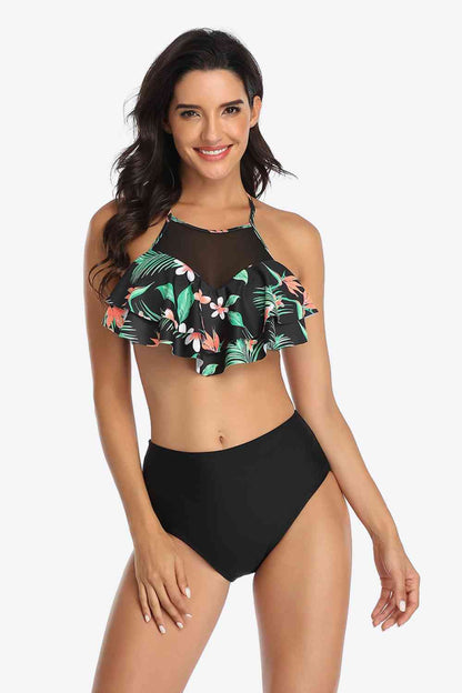 Traje de baño de dos piezas con volantes y estampado tropical