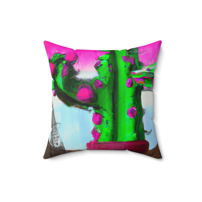 "An Awkward Caffeinated Moment: The Tale of a Bot and a Cactus" - The Alien Square Pillow