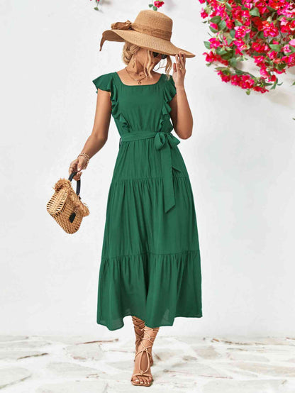 Tie Belt Ruffled Tiered Dress