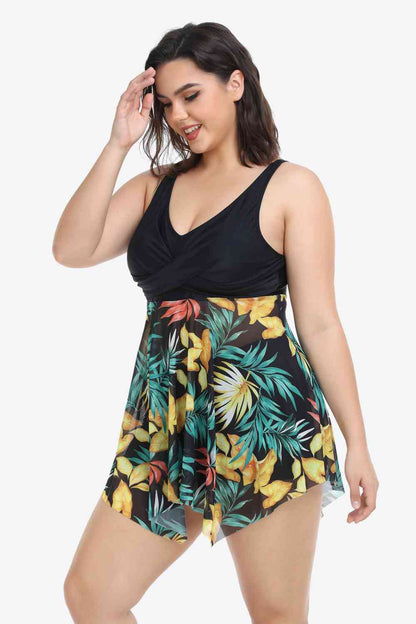 Plus Size Floral Two-Tone Asymmetrical Hem Two-Piece Swimsuit