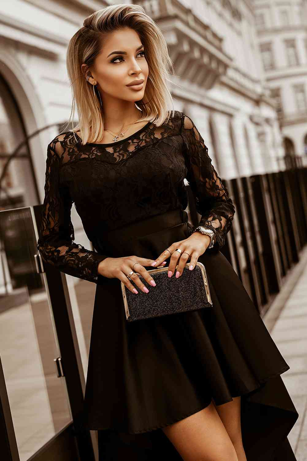 Spliced Lace High-Low Long Sleeve Dress