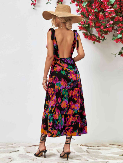 Multicolored V-Neck Backless Midi Dress