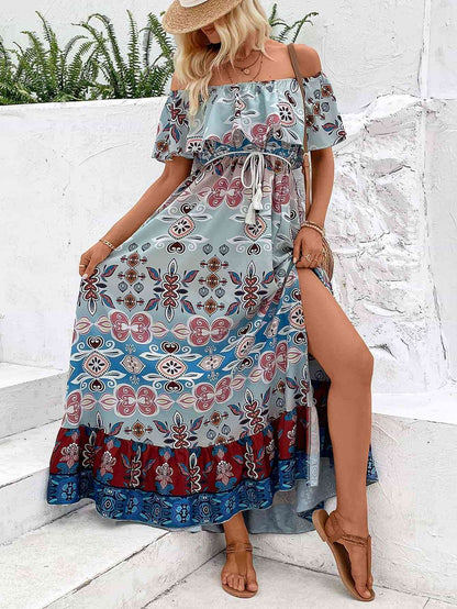 Printed Off-Shoulder Slit Maxi Dress