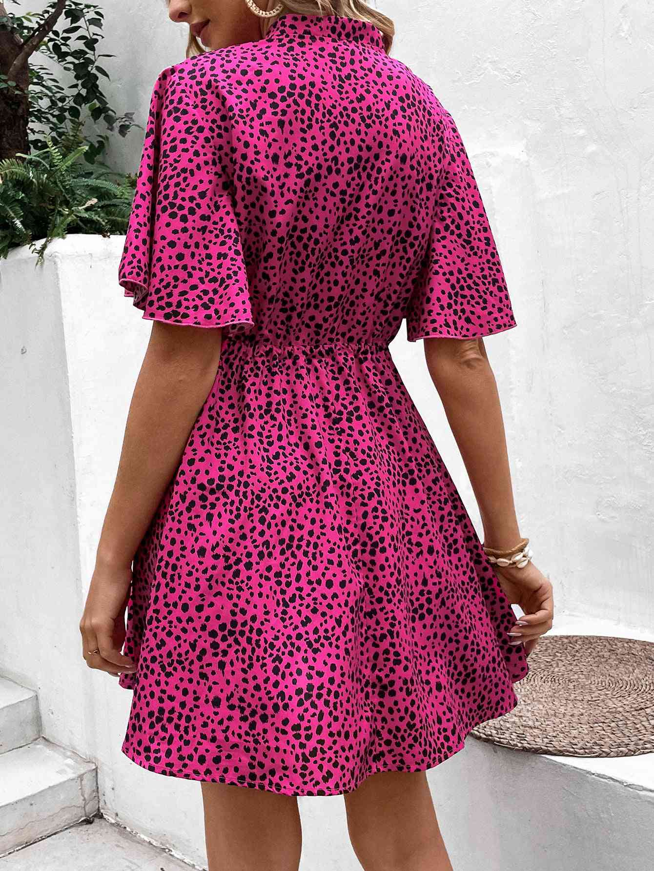 Printed Drawstring Waist Flutter Sleeve Dress