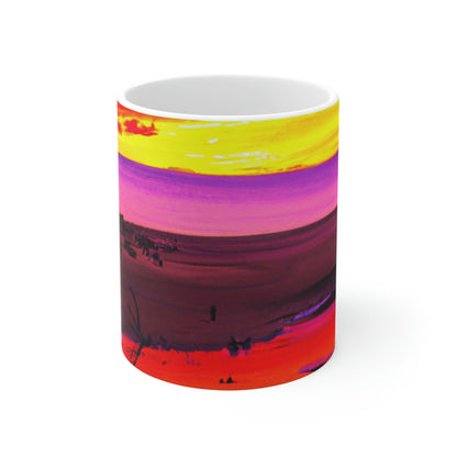 "Forgotten Solace: The Splendor of a Vibrant Sunset at a Abandoned Beach" - The Alien Ceramic Mug 11 oz