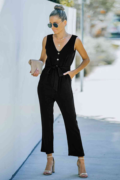 V-Neck Tie Waist Sleeveless Jumpsuit