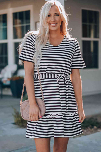 Striped Tie-Waist Frill Trim V-Neck Dress