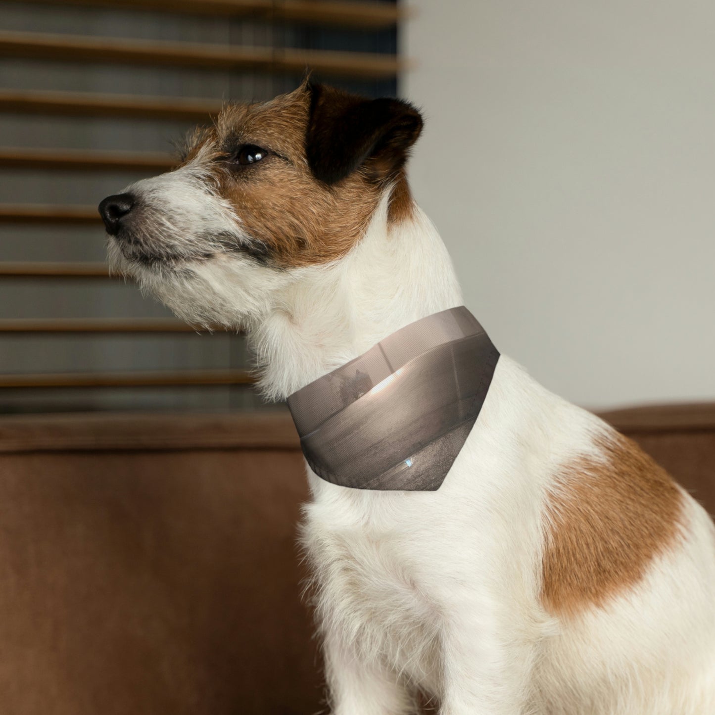 "Un amanecer reluciente en una ciudad brumosa". - El collar de bandana para mascota alienígena