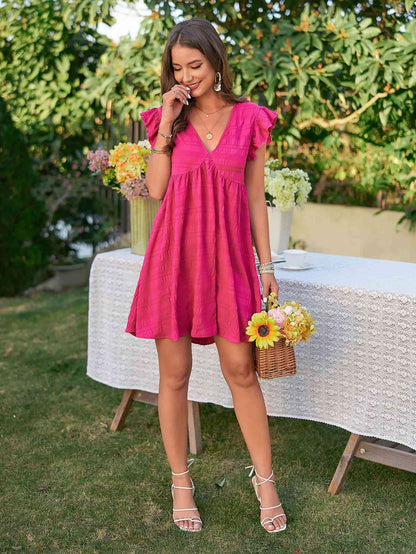 Textured V-Neck Flutter Sleeve Dress