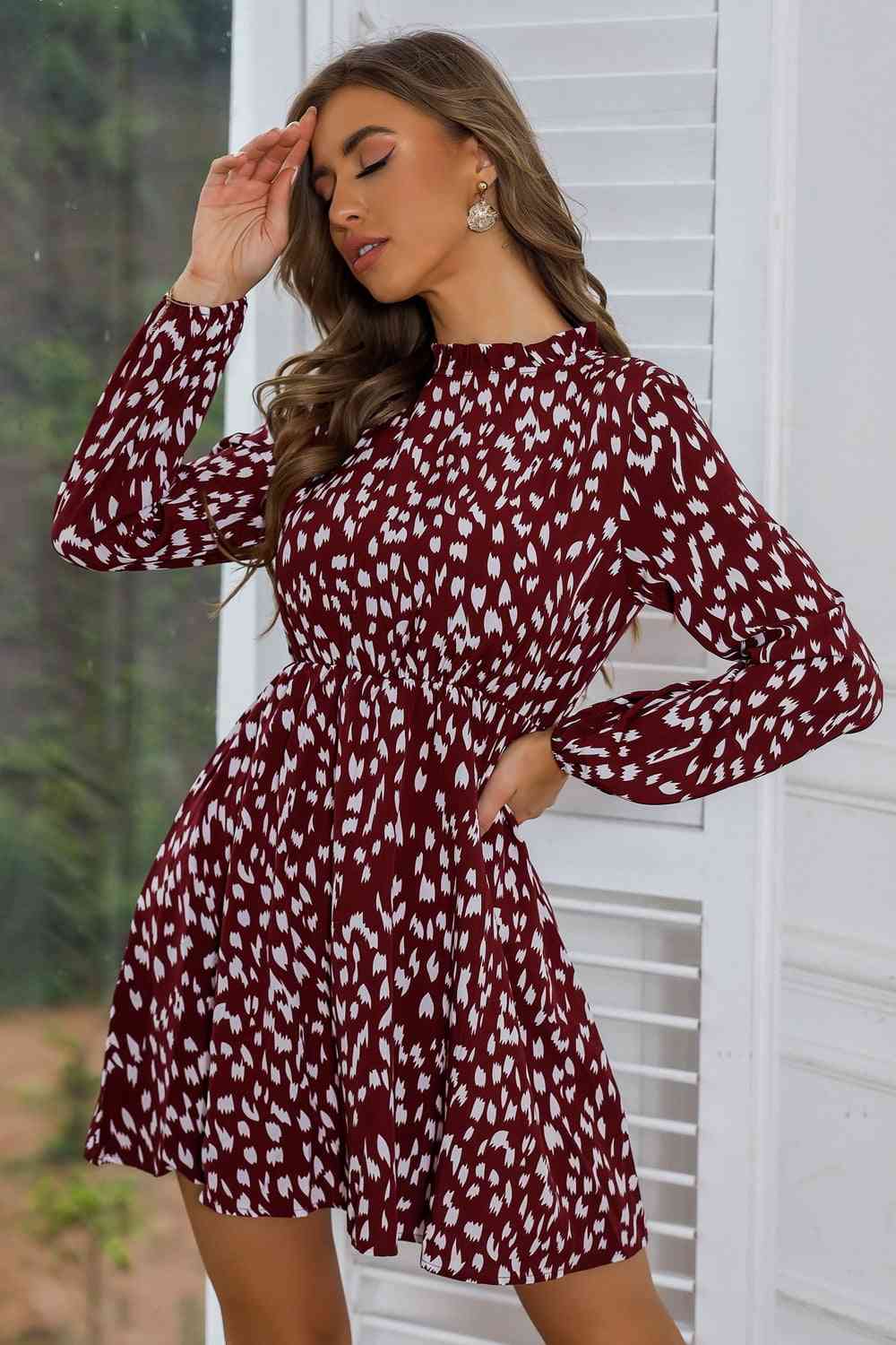 Mock Neck Long Sleeve Printed Dress