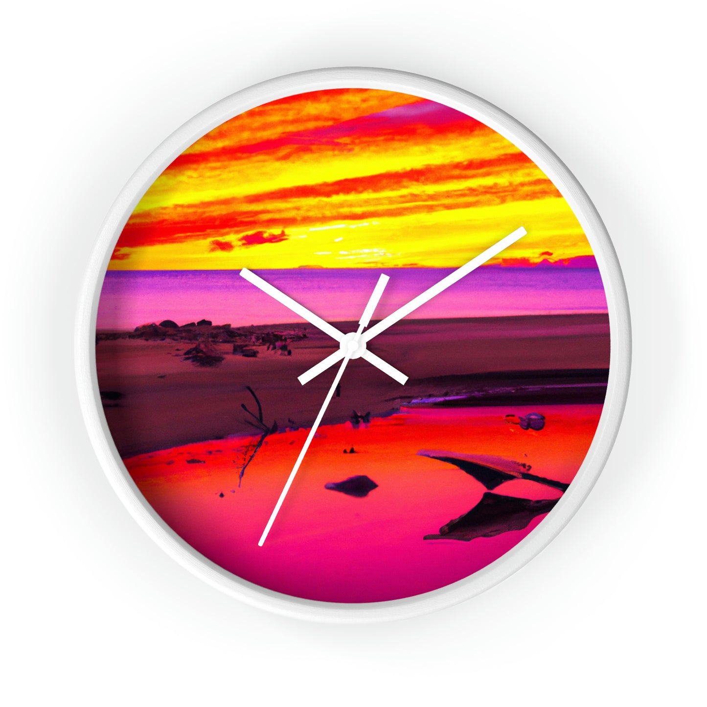 "Forgotten Solace: Die Pracht eines lebendigen Sonnenuntergangs an einem verlassenen Strand" - Die Alien-Wanduhr