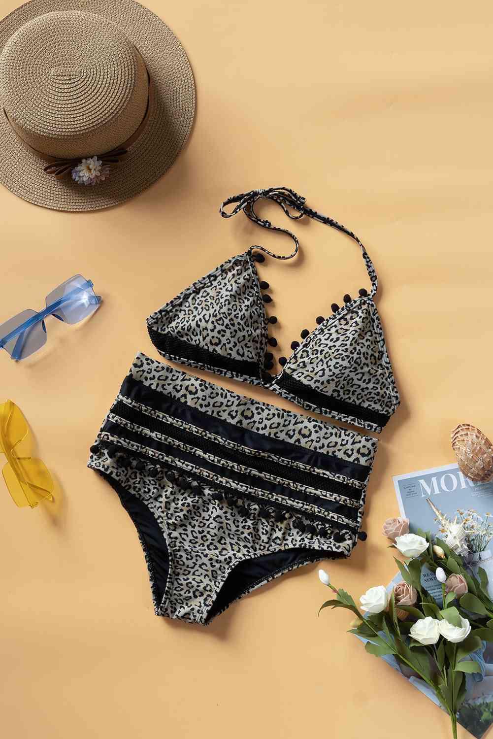 Printed Pompom Detail Halter Neck Two-Piece Bikini Set