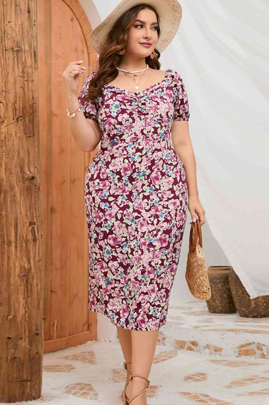 Plus Size Floral Ruched Slit Midi Dress