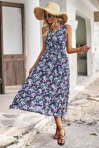 Floral Belted Surplice Sleeveless Tiered Dress