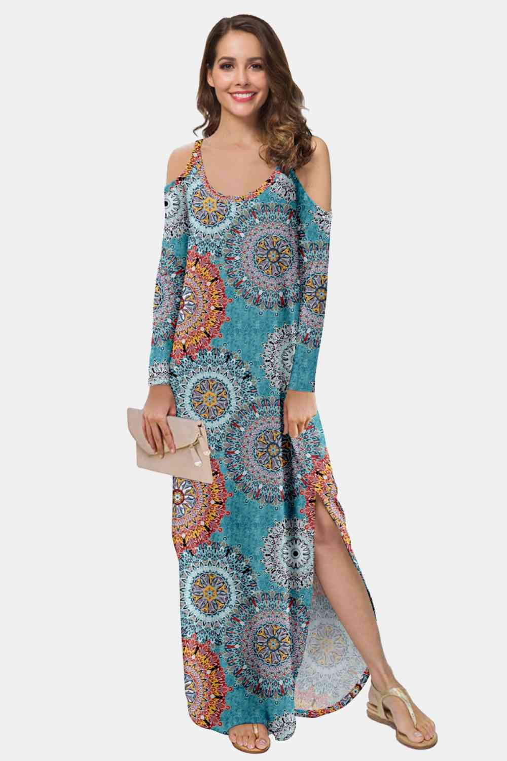 Printed Cold-Shoulder Slit Maxi Dress