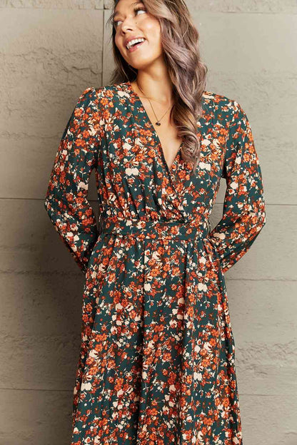 Printed Surplice Neck Long Sleeve Dress